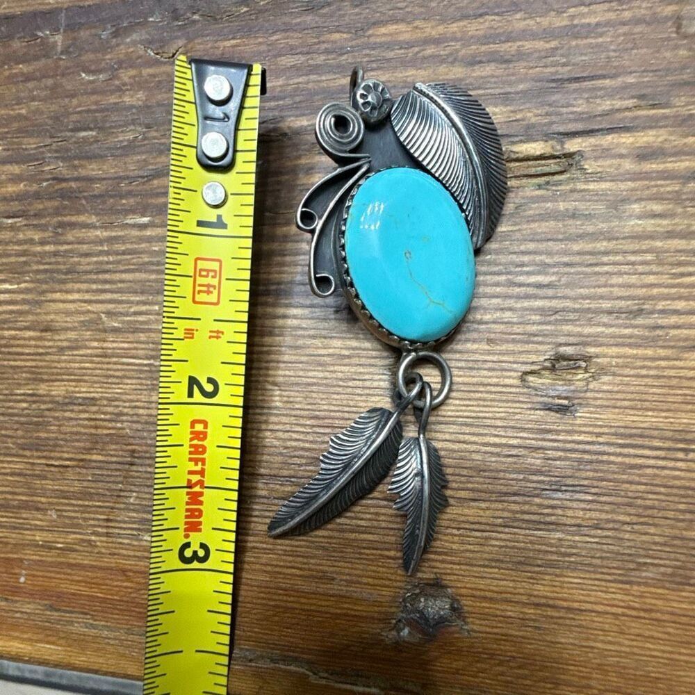 Large Sterling Silver Turquoise Pendant 925 Southwest Native Style Feather Dangl